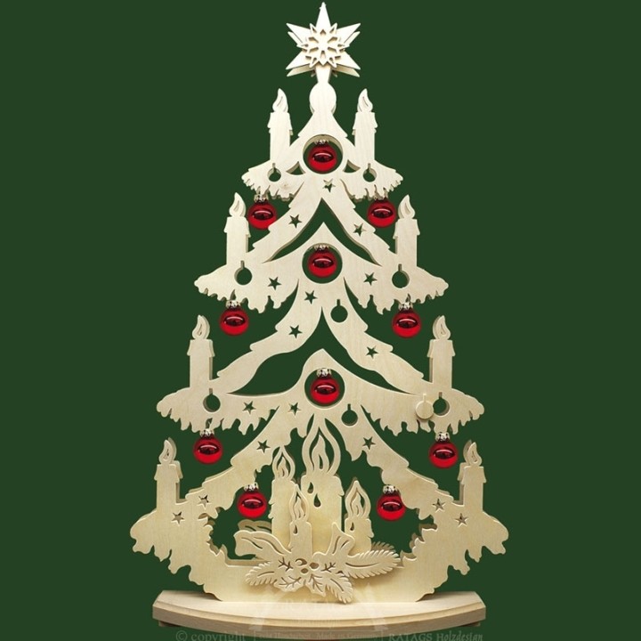Grand sapin lumineux led, en bois avec boules de Noël rouges