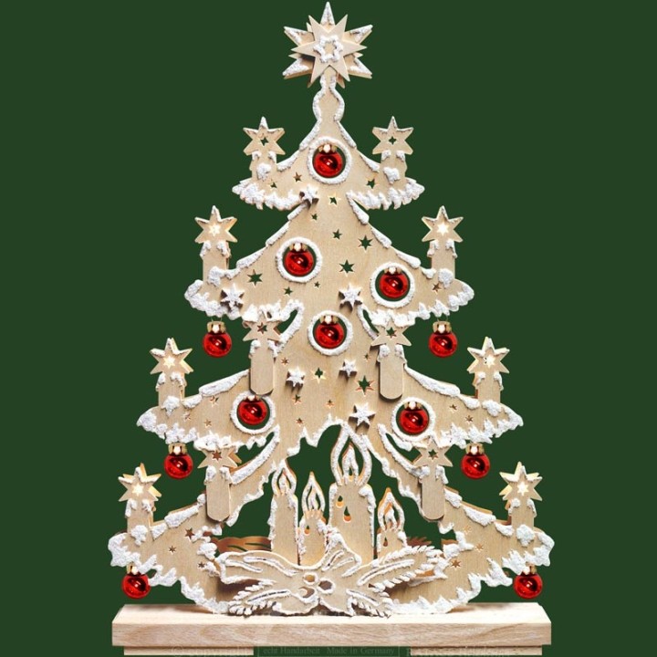 Sapin de Noël en bois lumineux, avec boules de Noël rouges, effet givré