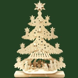 Sapin lumineux LED en bois avec crèche de Noël et personnages
