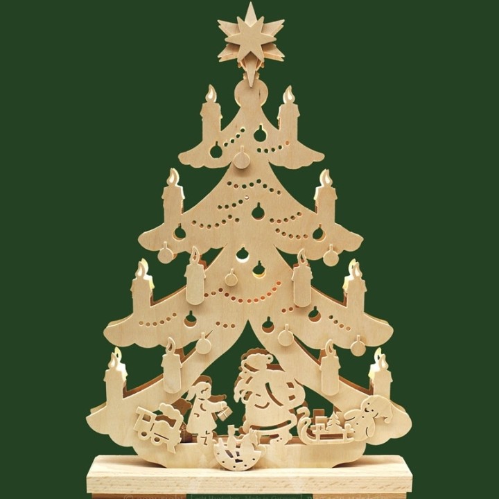 Père Noël et rennes dans sapin de Noël LED en bois  