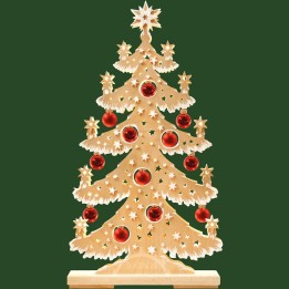 Grand sapin lumineux led effet givré, en bois avec boules de Noël rouges