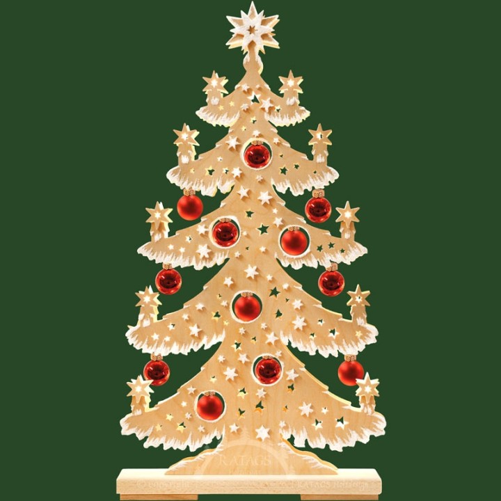 Grand sapin lumineux led effet givré, en bois avec boules de Noël rouges