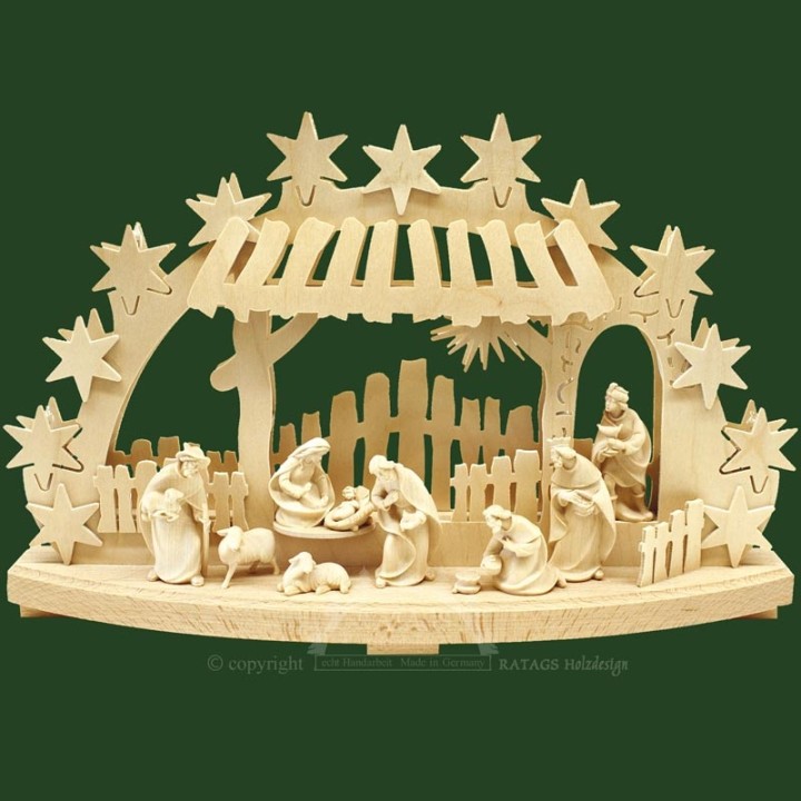 Arche lumineuse électrique LED, avec figurines de crèche de Noël en bois ciselé