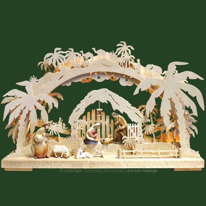 Arche lumineuse électrique LED, personnages crèche de Noël en bois ciselé peint