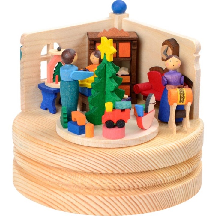 Boite musicale en bois, famille autour du sapin de Noel