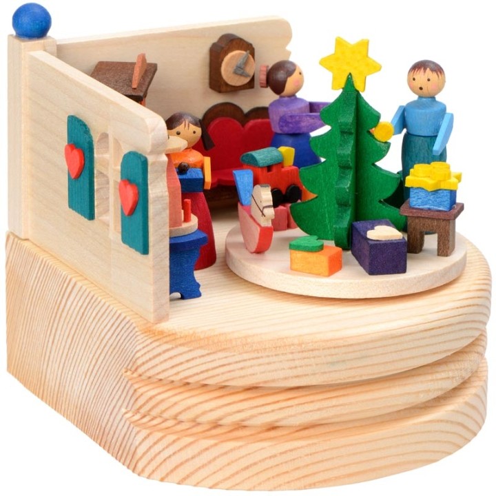 Boite musicale en bois, famille autour du sapin de Noel