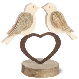 2 oiseaux en bois sur un coeur, 9 cm