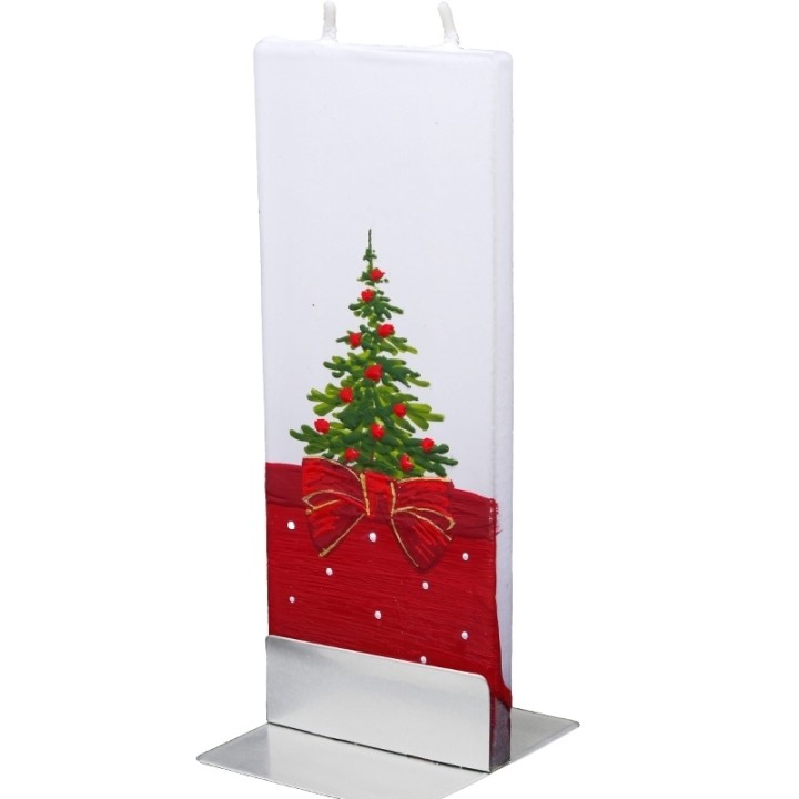 Bougie de Noel décorative motif sapin avec ruban rouge