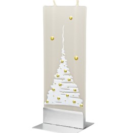 Bougie design motif sapin de Noël blanc et boules dorées