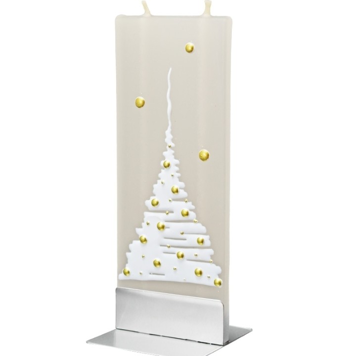 Bougie design motif sapin de Noël blanc et boules dorées