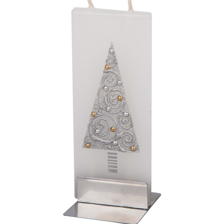Bougie de Noel design sapin argent et boules dorées