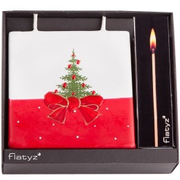 Coffret bougie design carrée, motif sapin et ruban rouge