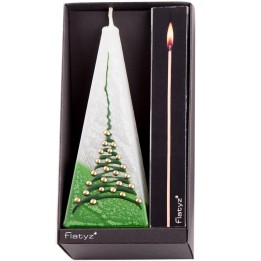 Coffret bougie en forme de pyramide, motif sapin et boules dorées