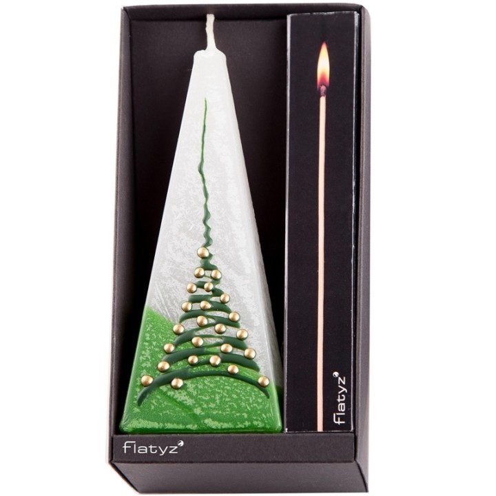 Coffret bougie en forme de pyramide, motif sapin et boules dorées