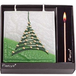Coffret cadeau bougie carrée, motif sapin et boules dorées