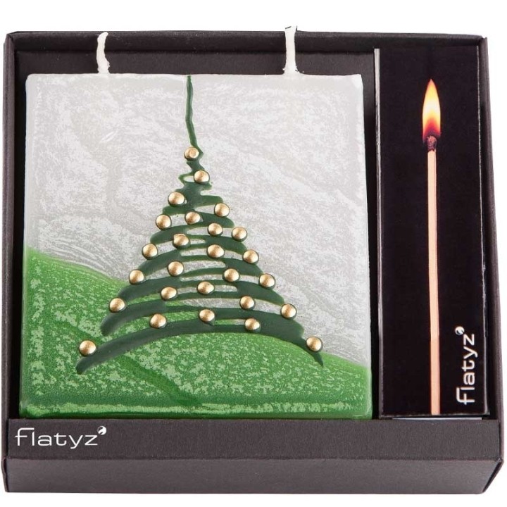 Coffret cadeau bougie carrée, motif sapin et boules dorées