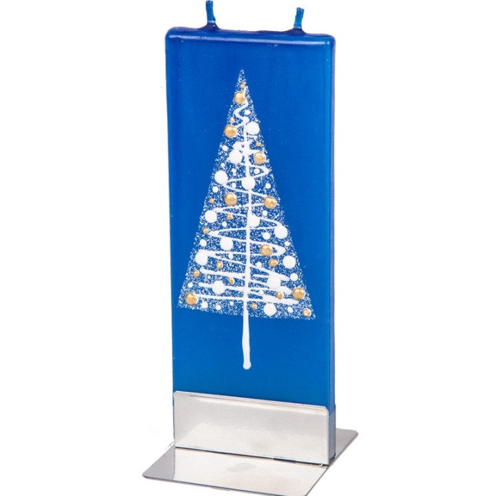 Bougie bleue décorative avec sapin de Noël boules dorées et blanches