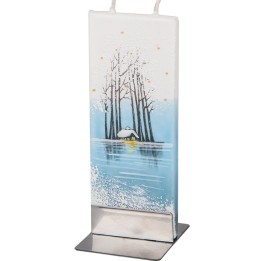 Bougie ambiance hivernale, maison au bord du lac