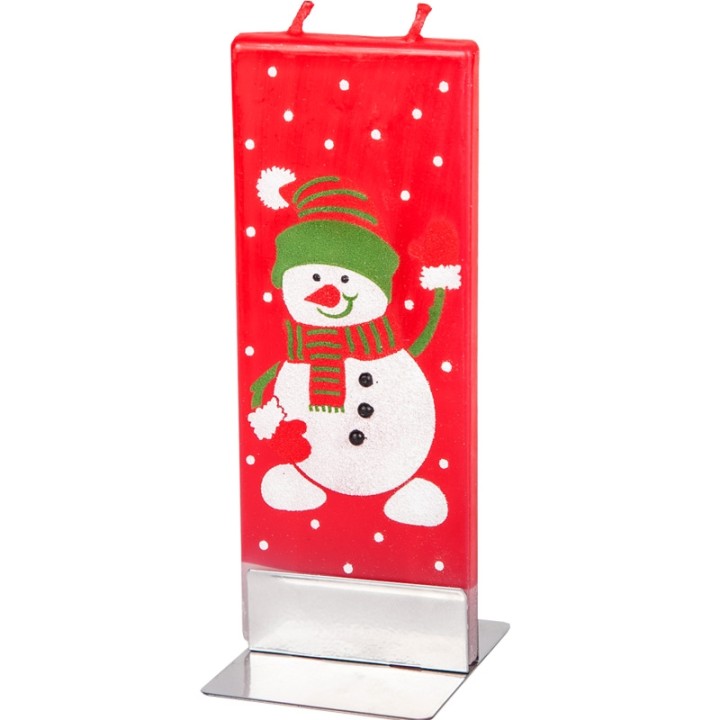 Bougie rouge bonhomme de neige et bonnet vert
