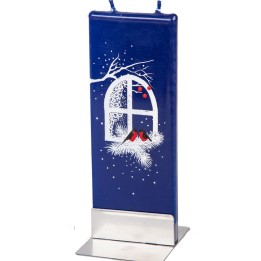 Bougie décorative d'intérieur deux bouvreuils devant fenêtre en hiver