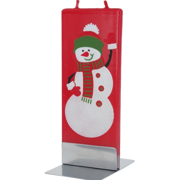 Bougie rouge bonhomme de neige qui salue