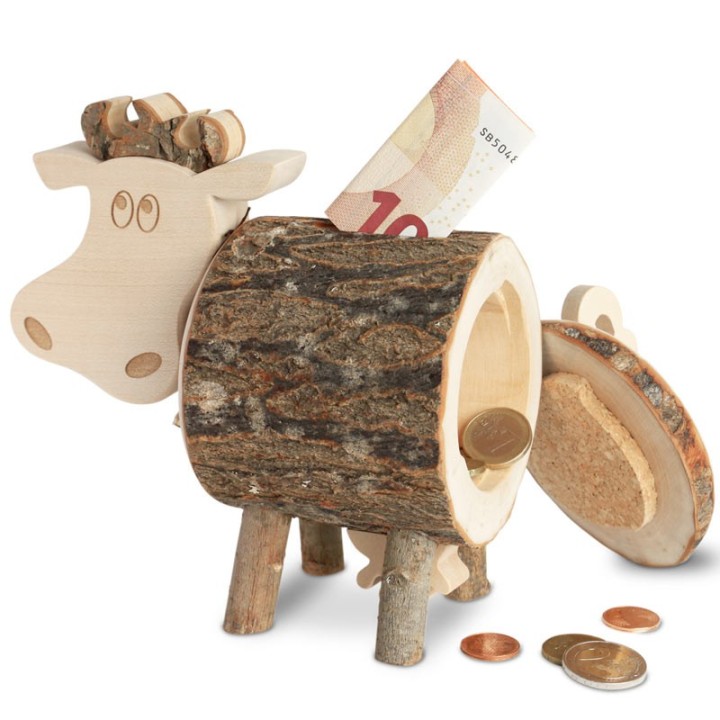 Tirelire en bois, vache 10 cm 