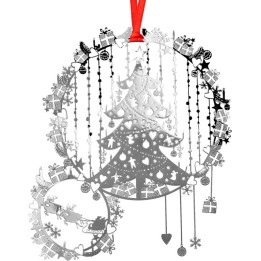 Sapin argenté et cadeaux de Noël à suspendre