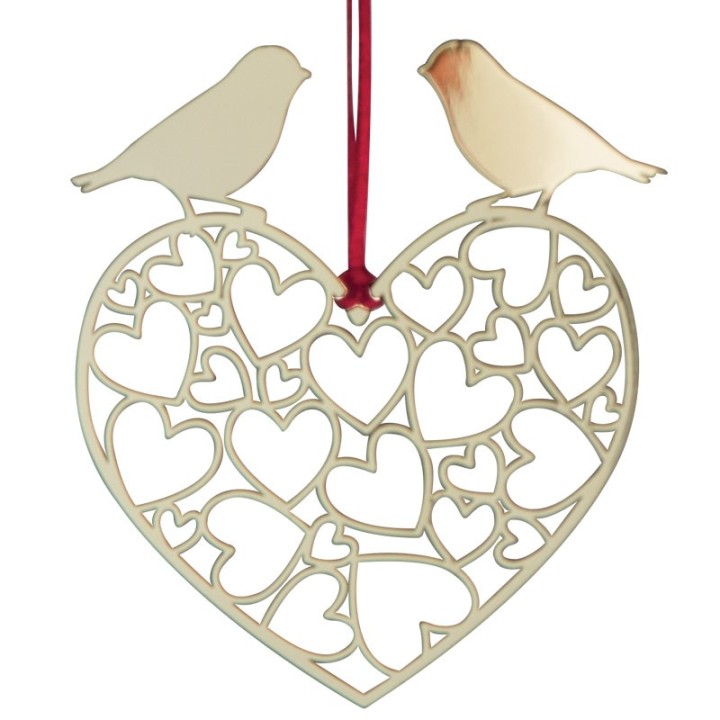 Coeur à suspendre avec oiseaux en métal doré