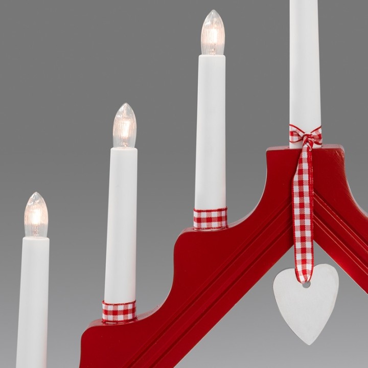 Chandelier de Noël en bois à bougie électrique avec déco Vichy, rouge