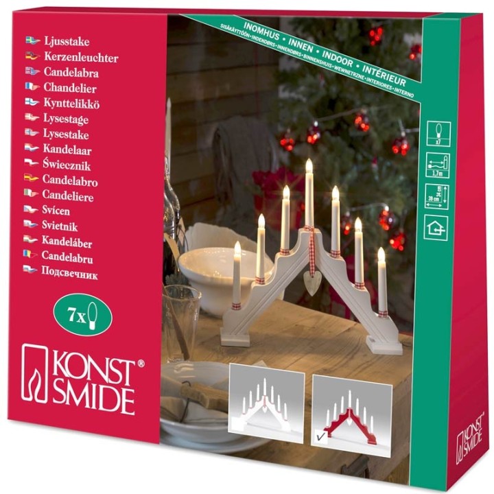 Chandelier de Noël en bois à bougie électrique avec déco Vichy, rouge