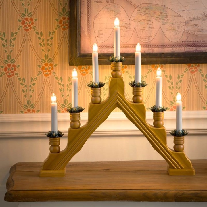 Chandelier à bougie électrique avec déco Noël, chêne