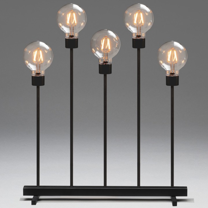Chandelier LED 5 ampoules rondes ambrées en métal noir, 54 cm