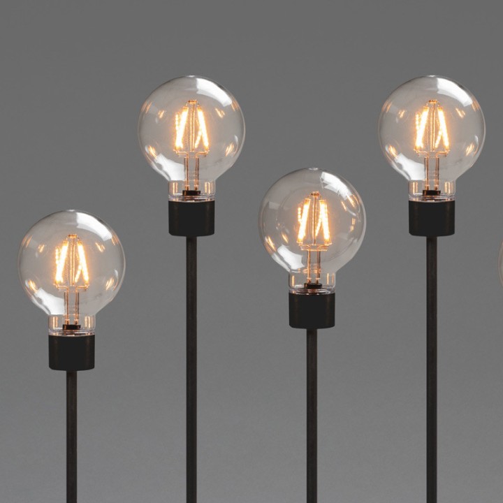 Chandelier LED 5 ampoules rondes ambrées en métal noir, 54 cm