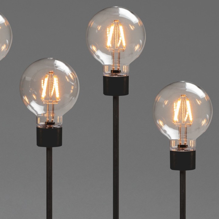 Chandelier LED 5 ampoules rondes ambrées en métal noir, 54 cm