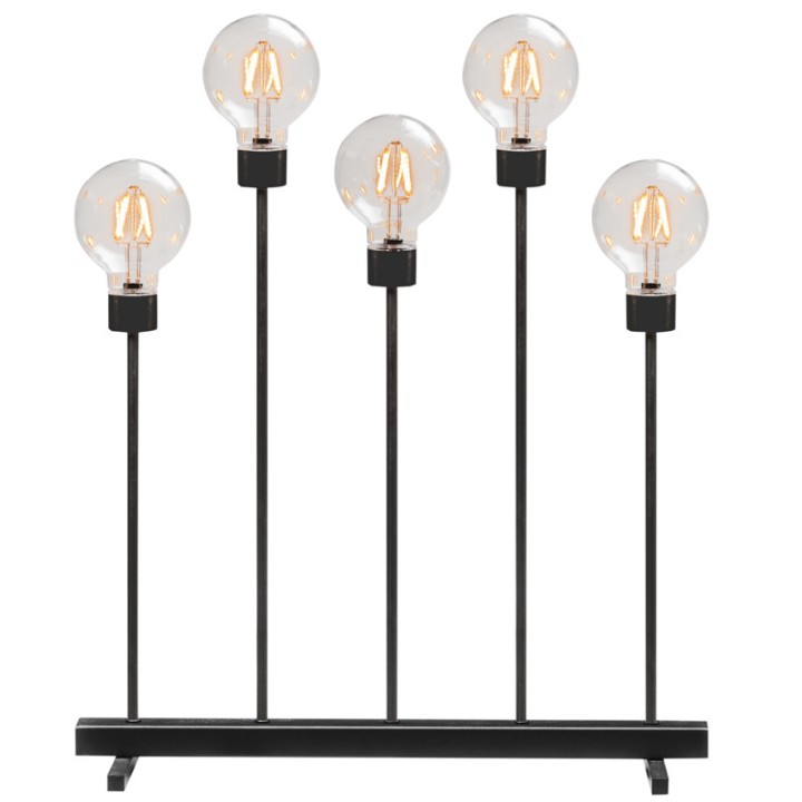 Chandelier LED 5 ampoules rondes ambrées en métal noir, 54 cm