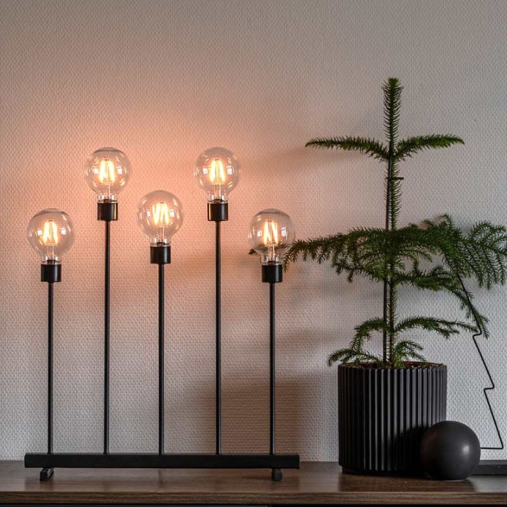 Chandelier LED 5 ampoules rondes ambrées en métal noir, 54 cm