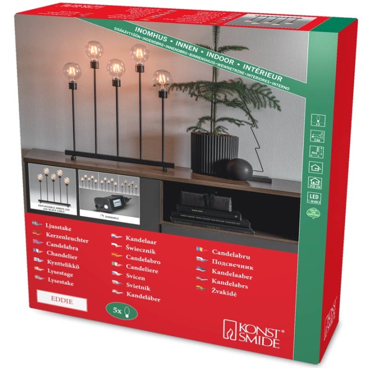 Chandelier LED 5 ampoules rondes ambrées en métal noir, 54 cm