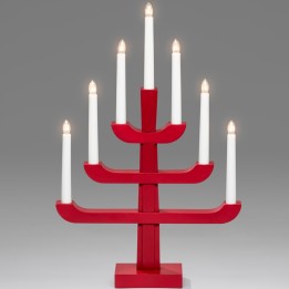 Chandelier suédois en bois, rouge laqué, 7 ampoules