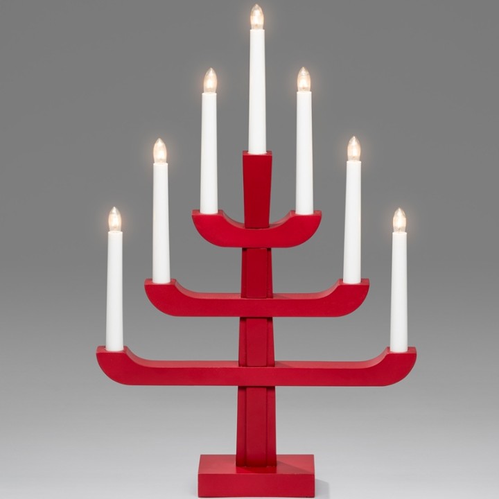 Chandelier suédois en bois, rouge laqué, 7 ampoules