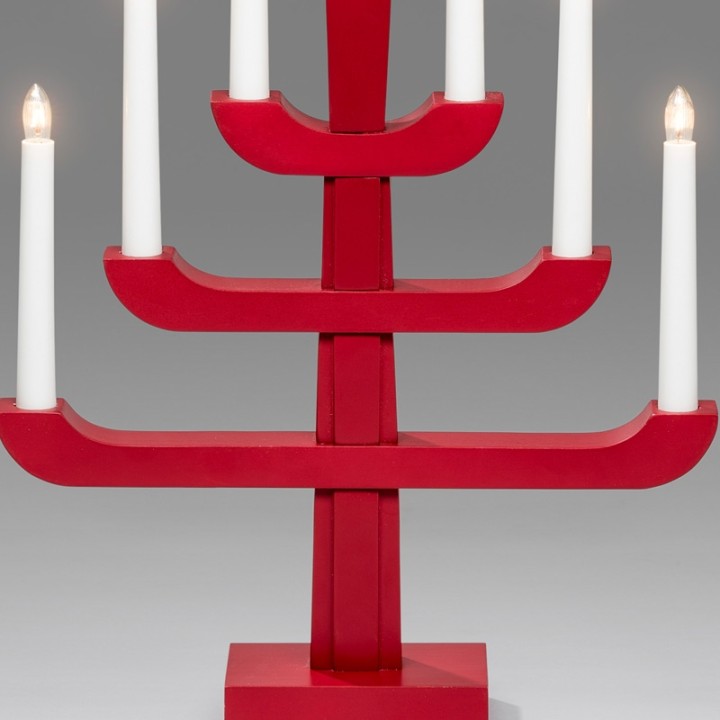 Chandelier suédois en bois, rouge laqué, 7 ampoules