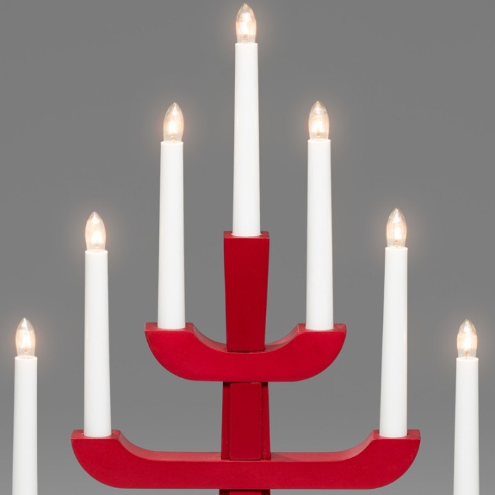 Chandelier suédois en bois, rouge laqué, 7 ampoules
