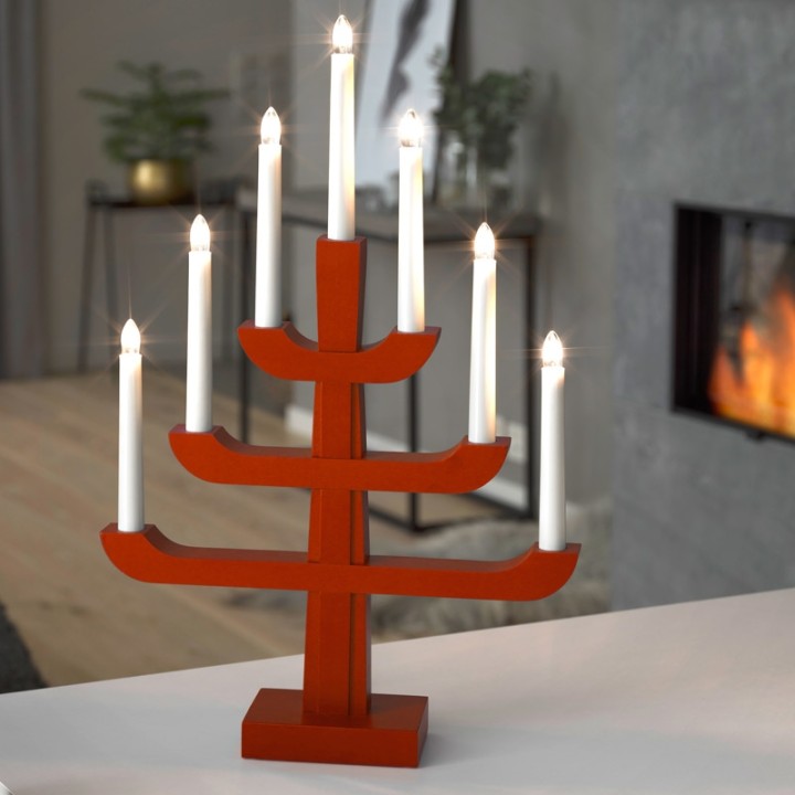 Chandelier suédois en bois, rouge laqué, 7 ampoules