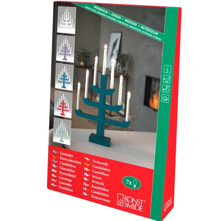 Chandelier suédois en bois, rouge laqué, 7 ampoules