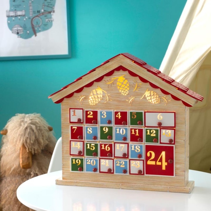Calendrier de l'Avent en bois à LED avec 24 tiroirs
