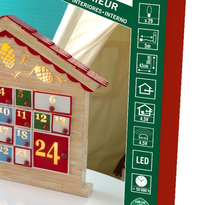Calendrier de l'Avent en bois à LED avec 24 tiroirs