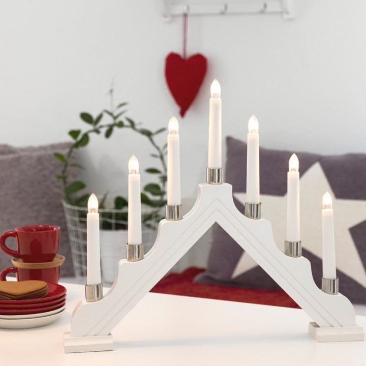Chandelier de Noël en bois à bougie électrique blanc, 7 lampes