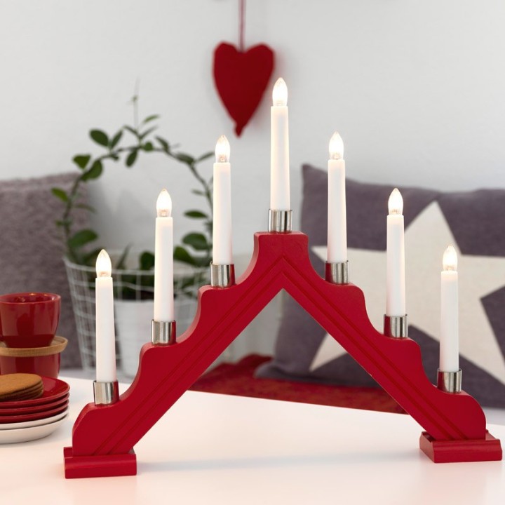 Chandelier de Noël 7 lampes en bois, à bougie électrique, rouge