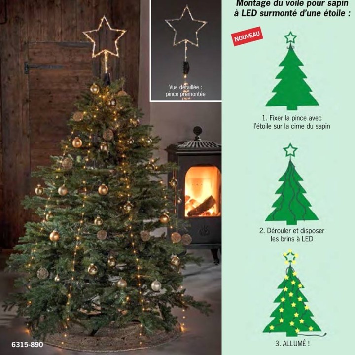 Cime sapin de Noël, voile guirlande avec étoile dorée, 274 diodes LED 