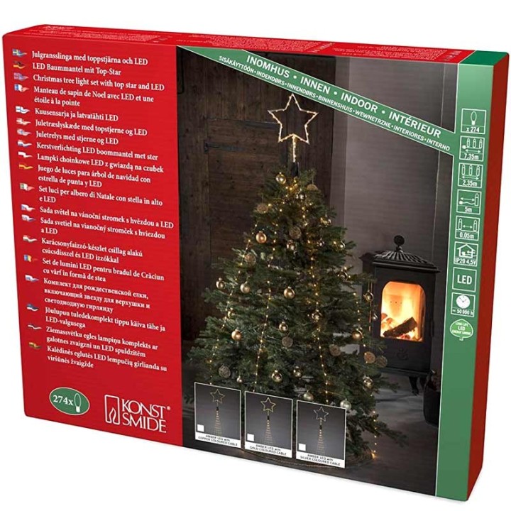 Cime sapin de Noël, voile guirlande avec étoile dorée, 274 diodes LED 