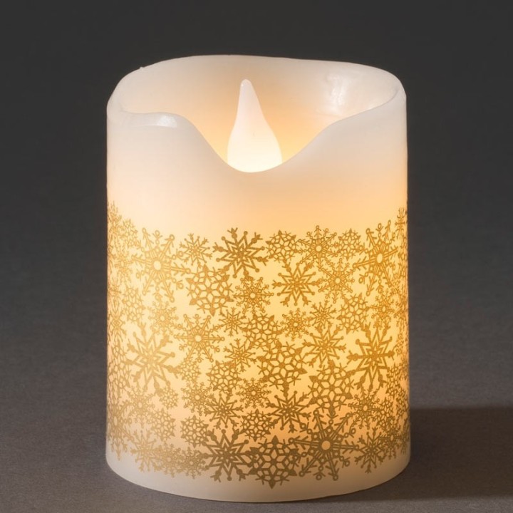 Bougie à LED en cire blanche avec flocons de neige dorés, 15 cm